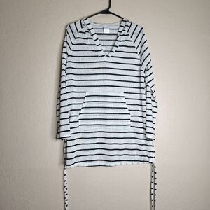 Kona Sol Black Stripe White Hooded Cover-Up Small Ladies Front Pocket Beach Wear